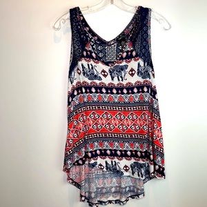 Rue 21 Navy and Orange V-Neck Boho Elephant Tank Top in Size S